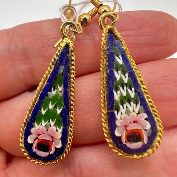 Stunning Italian Florentine micro mosaic dangle/drop earrings! - Picture 13 of 15